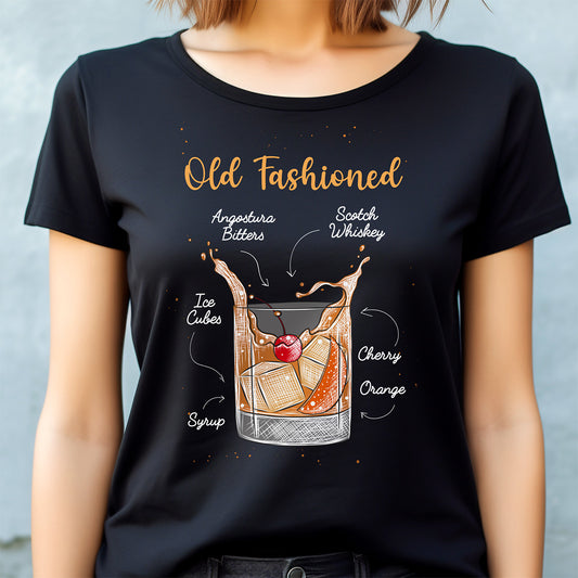Black t-shirt with Old Fashioned cocktail graphic and text on a gray background