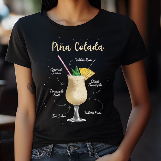 Black t-shirt with Pina Colada graphic and ingredients on a blurred background