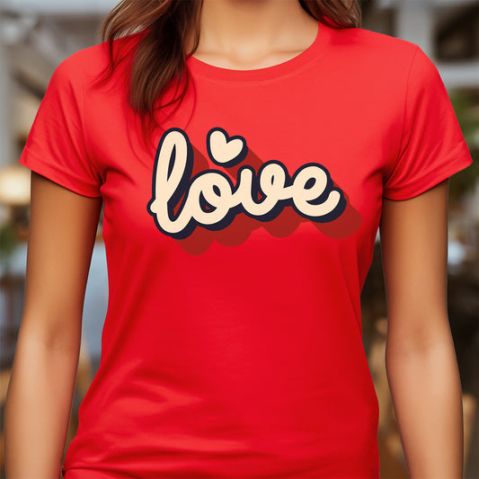 Red t-shirt with 'love' printed on it worn by a person.