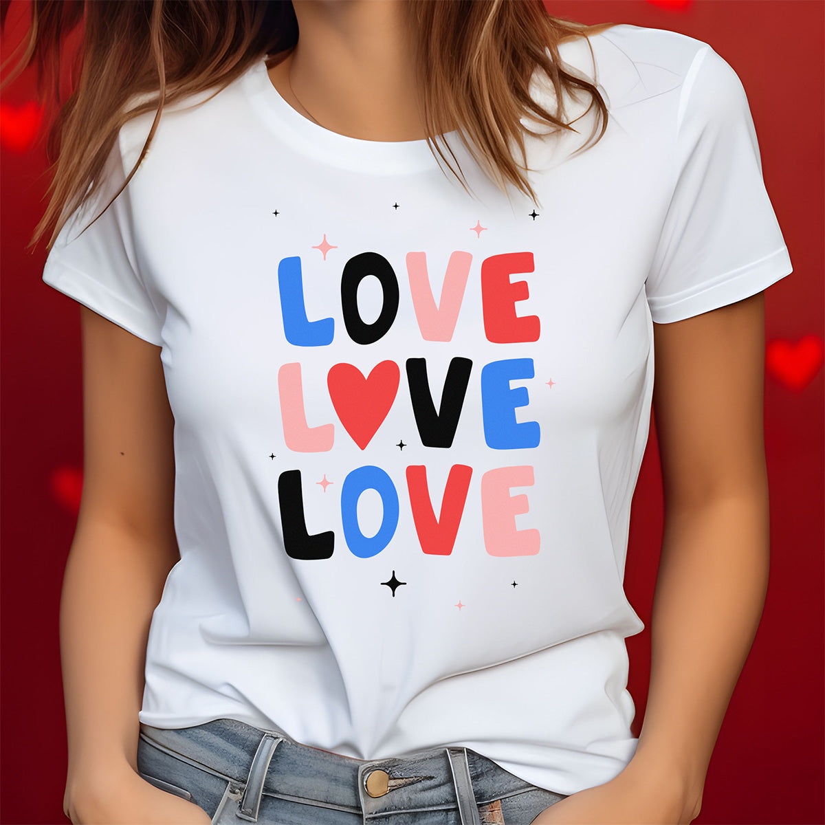 White t-shirt with colorful 'LOVE' text worn by a person on a red background