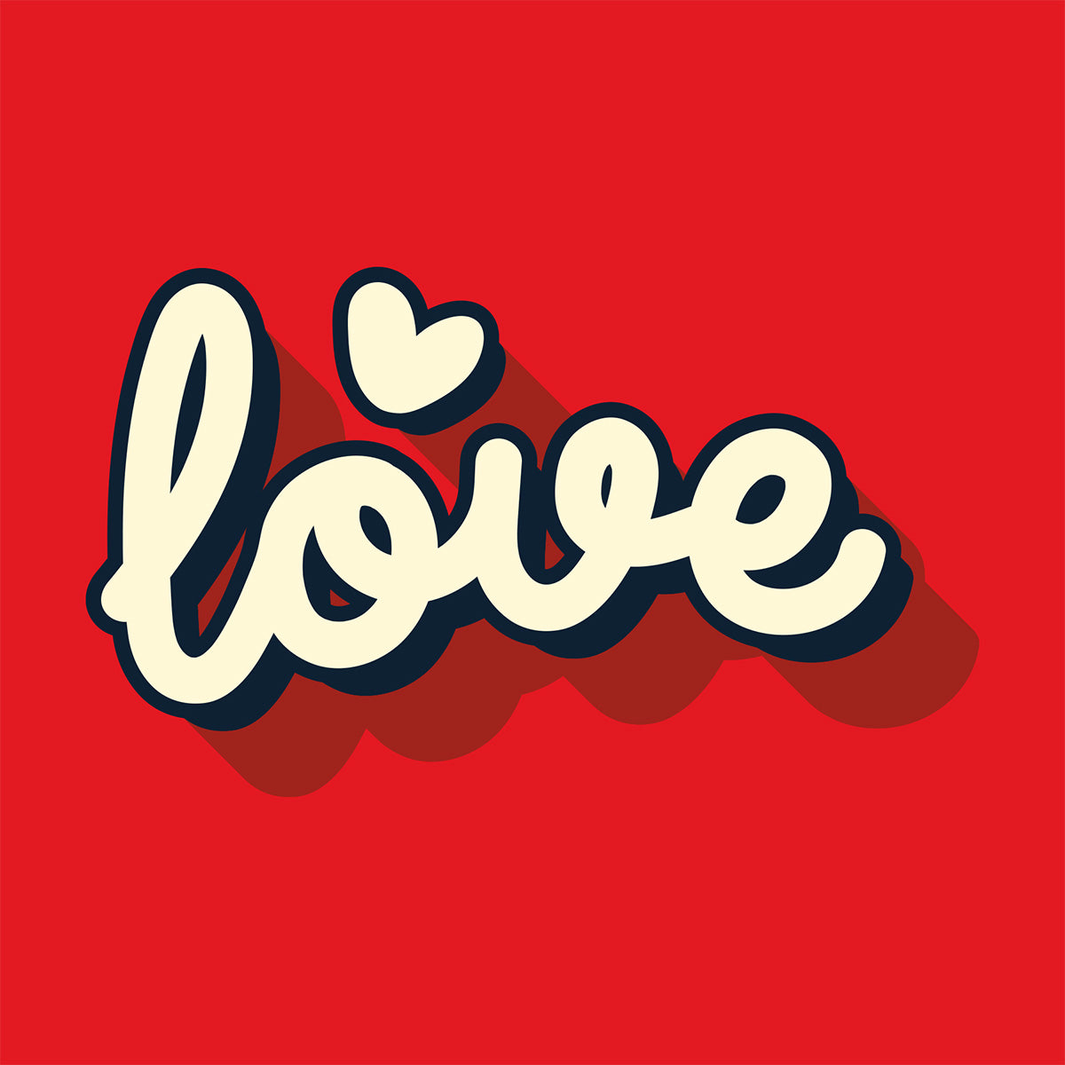 The word 'love' in a stylized font on a red background