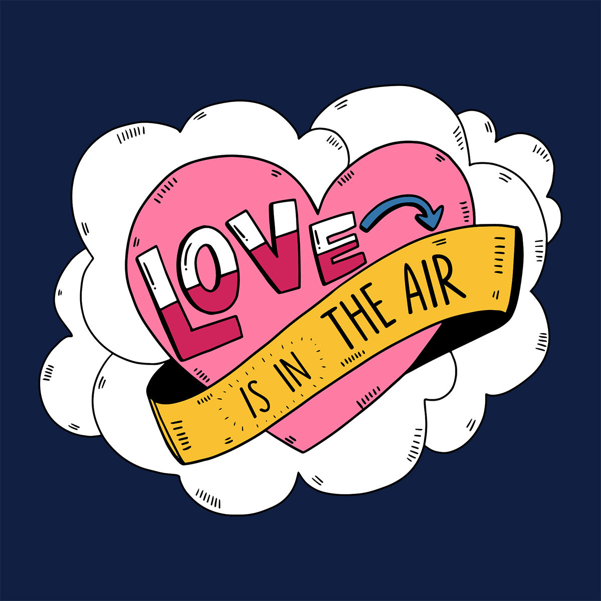 Heart-shaped design with 'LOVE IS IN THE AIR' text on a dark blue background
