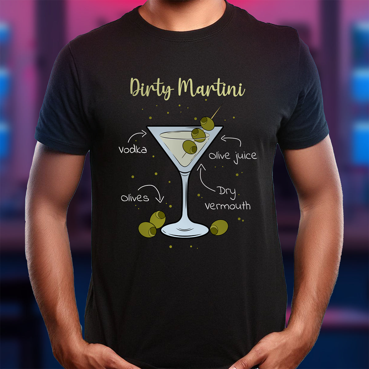 Black t-shirt with 'Dirty Martini' graphic and cocktail illustration on a blurred background