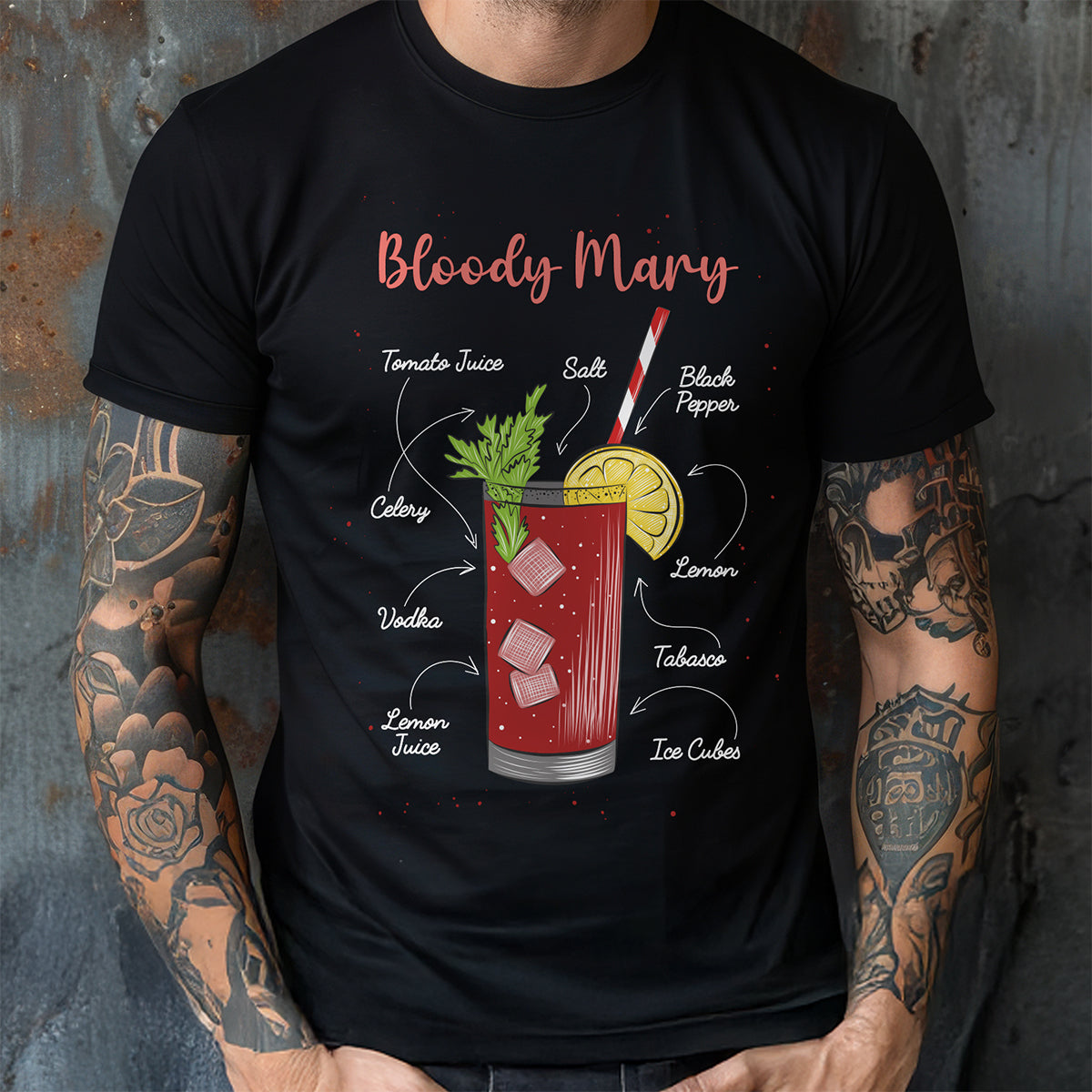 Black t-shirt with Bloody Mary graphic and text on a textured wall background