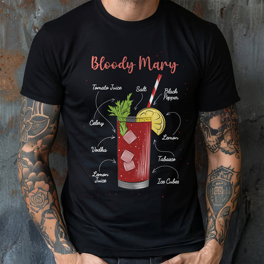 Black t-shirt with Bloody Mary graphic and text on a textured wall background