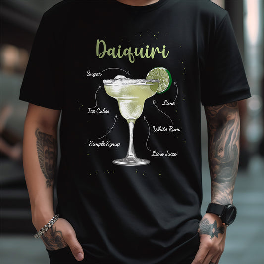 Black t-shirt with Daiquiri cocktail graphic and text on a blurred background