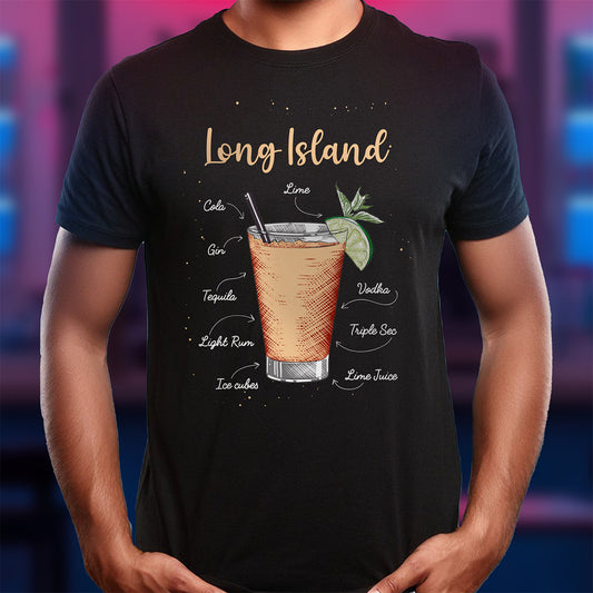 Black t-shirt with 'Long Island' cocktail graphic and ingredients on a blurred cityscape background