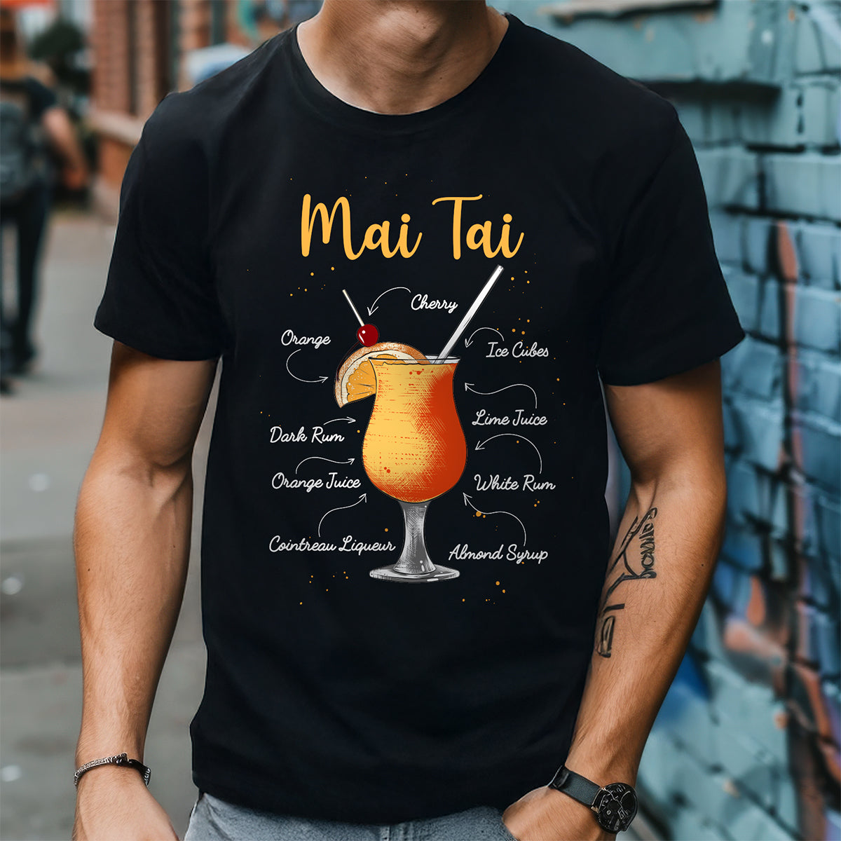 Person wearing a black t-shirt with a Mai Tai cocktail graphic and recipe.