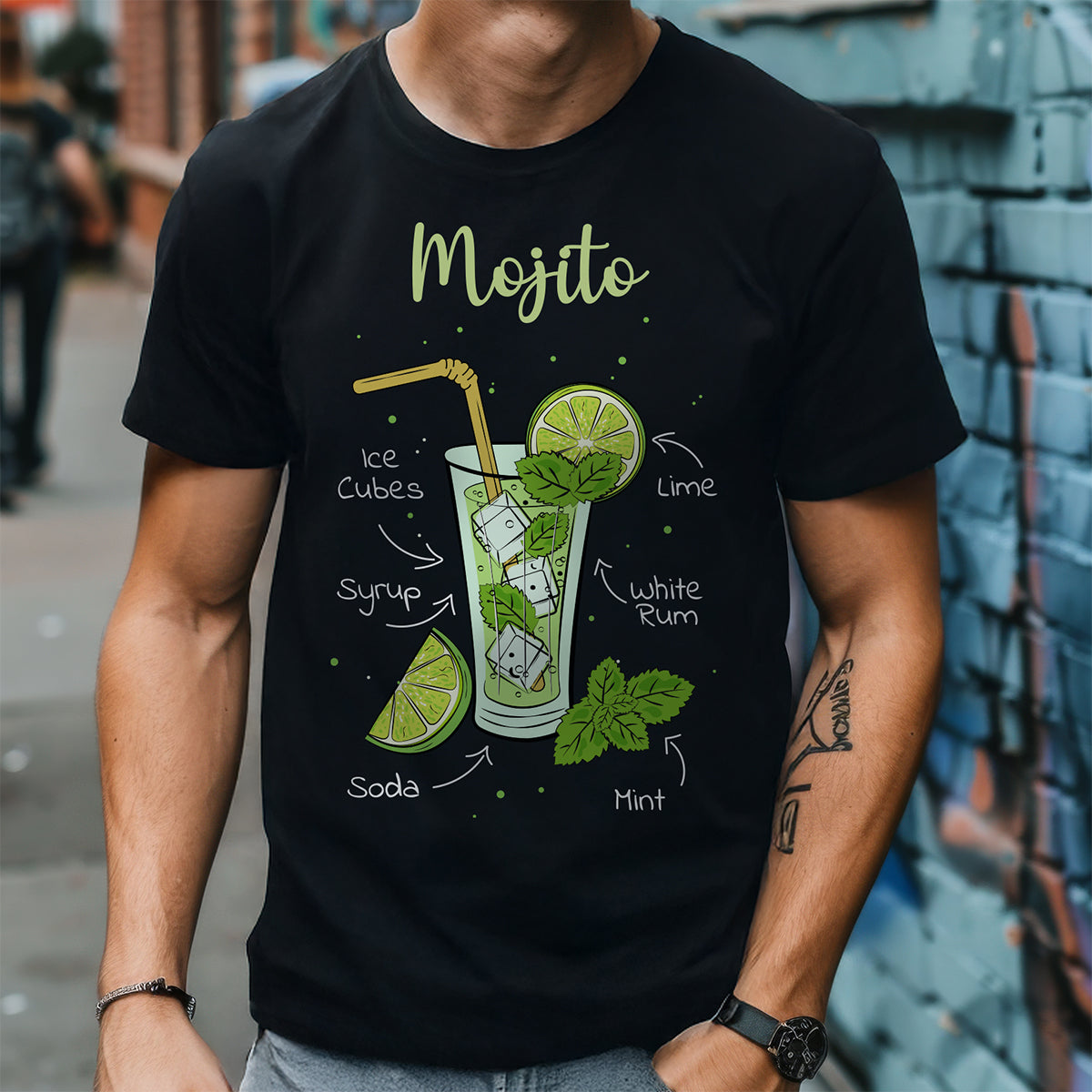 Person wearing a black t-shirt with a Mojito graphic design.