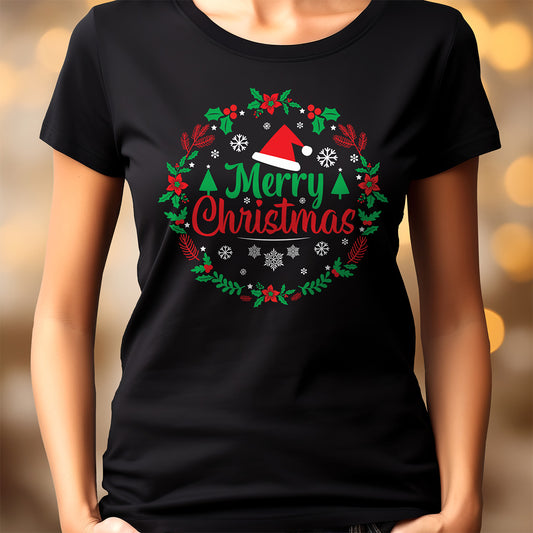 Black t-shirt with 'Merry Christmas' design featuring a Santa hat and wreath on a blurred background.