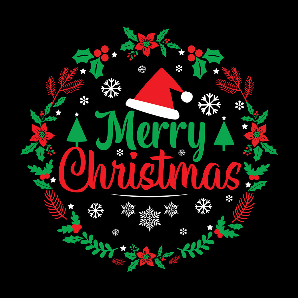 Merry Christmas text with festive wreath on a black background