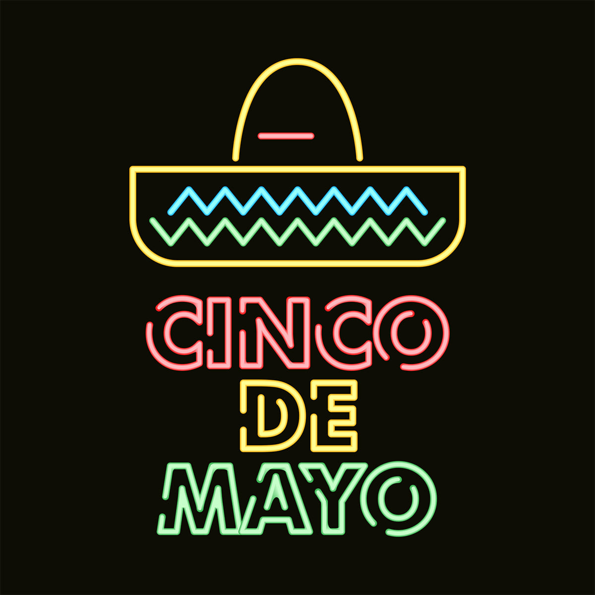 Neon sign with a sombrero and 'Cinco de Mayo' text on a black background