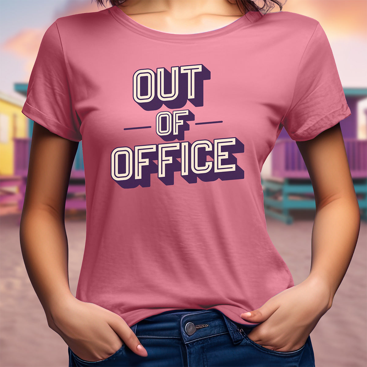 Person wearing a pink t-shirt with 'OUT OF OFFICE' text in a colorful setting