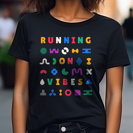 Black t-shirt with colorful 'RUNNING ON VIBES' illustrated design pattern.