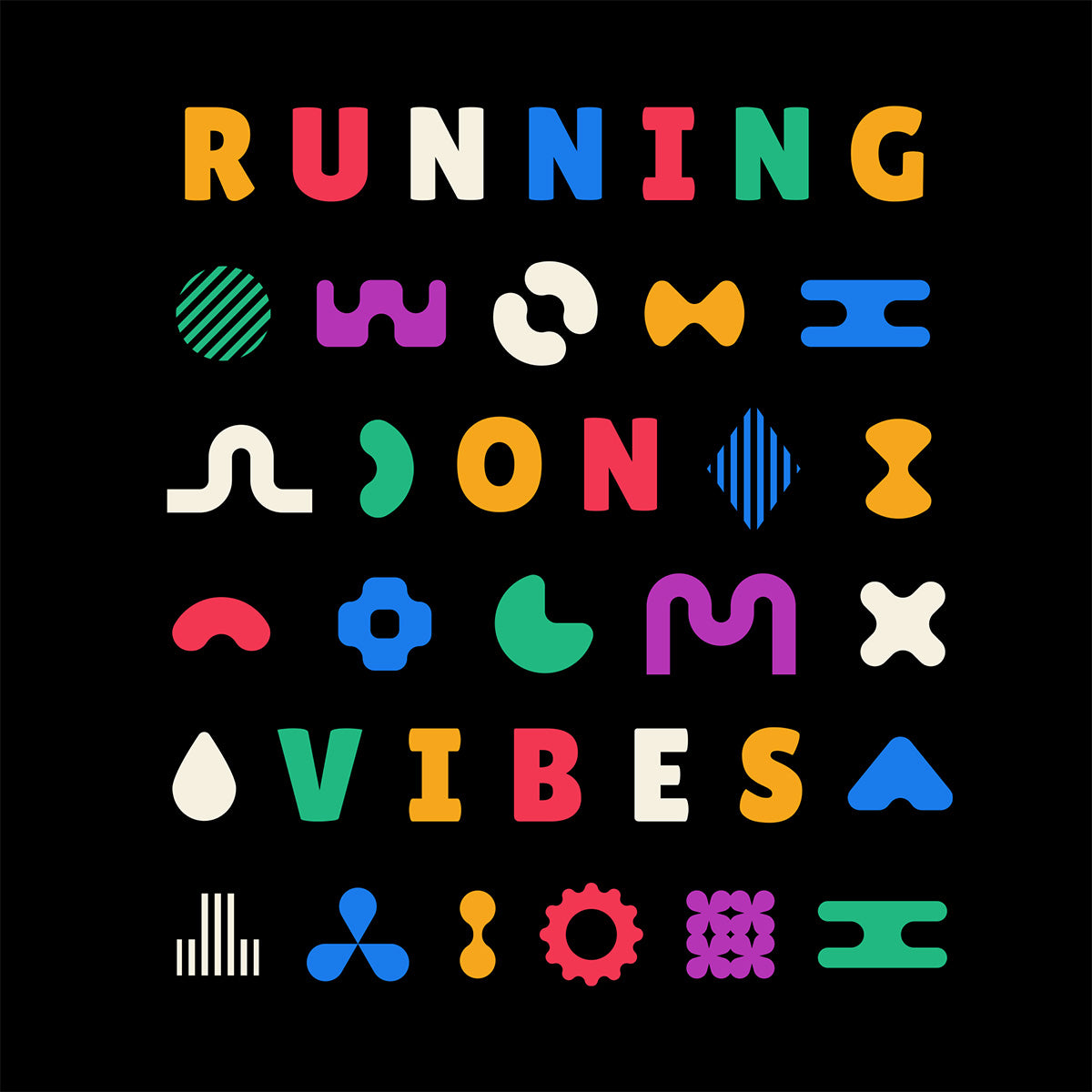 Close-up of black t-shirt with colorful 'RUNNING ON VIBES' illustrated design pattern.