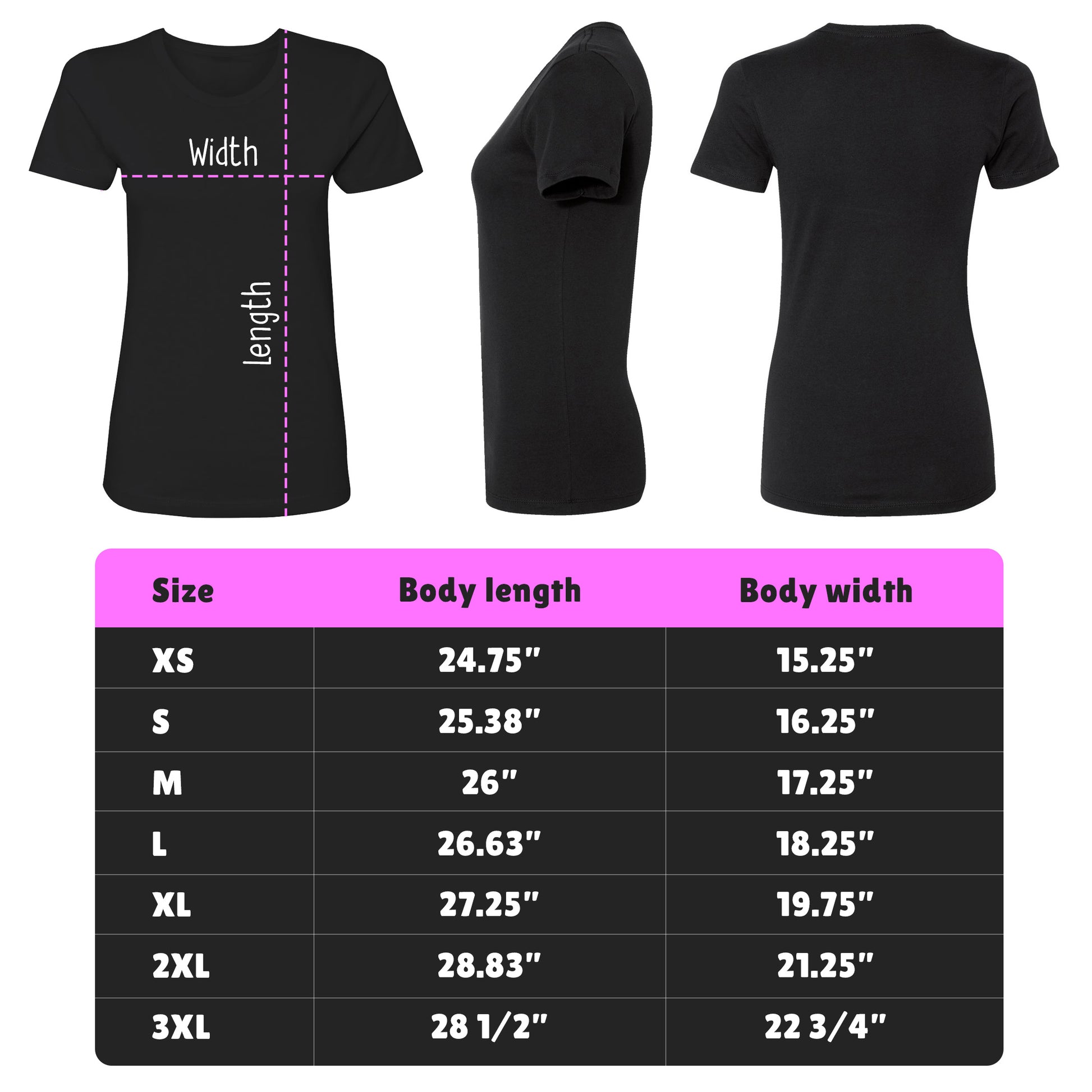 Black t-shirt with measurements and size chart on a white background