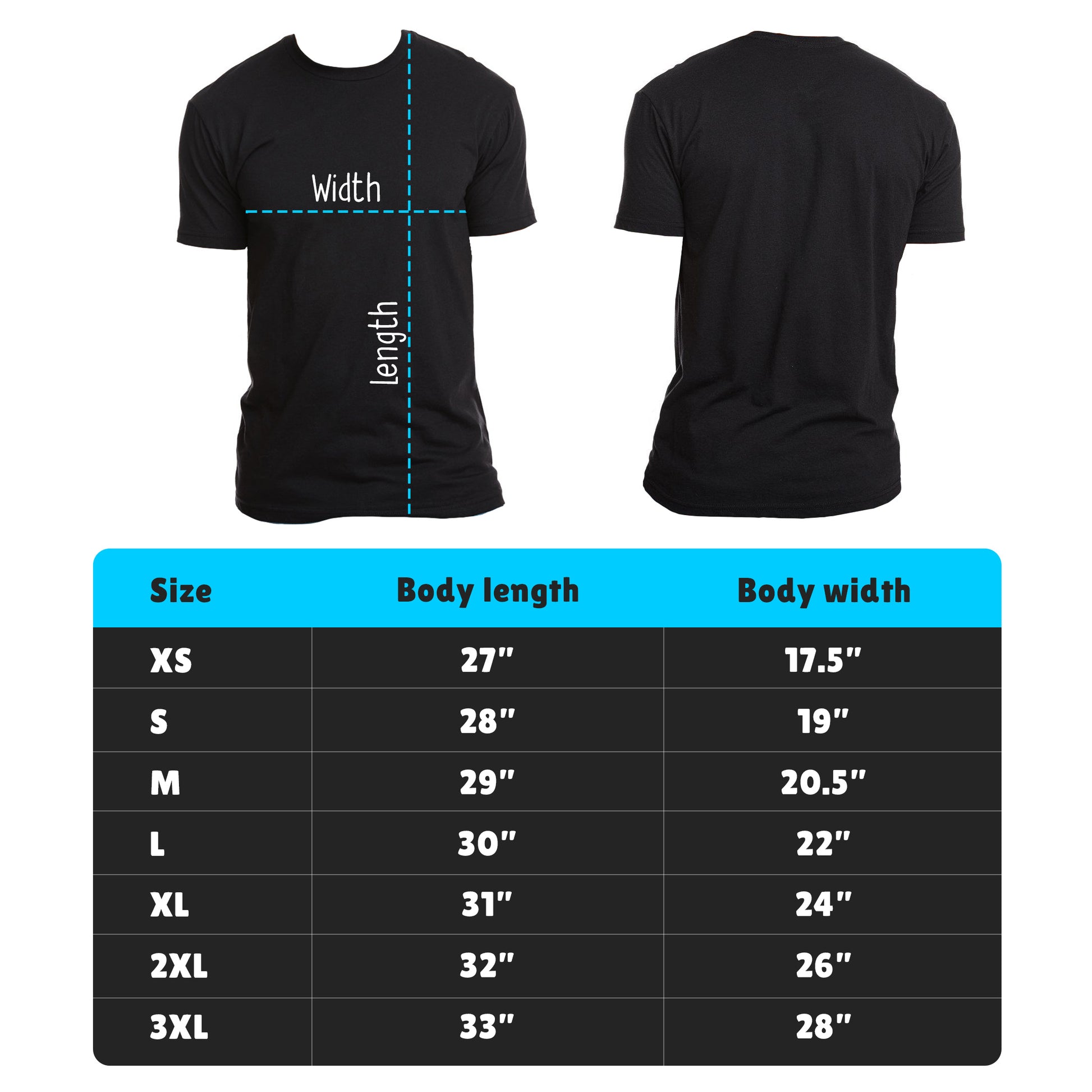 Black t-shirt with measurements and a size chart on a white background
