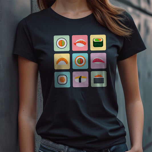 Black t-shirt with colorful, bento box-inspired illustrated sushi design.
