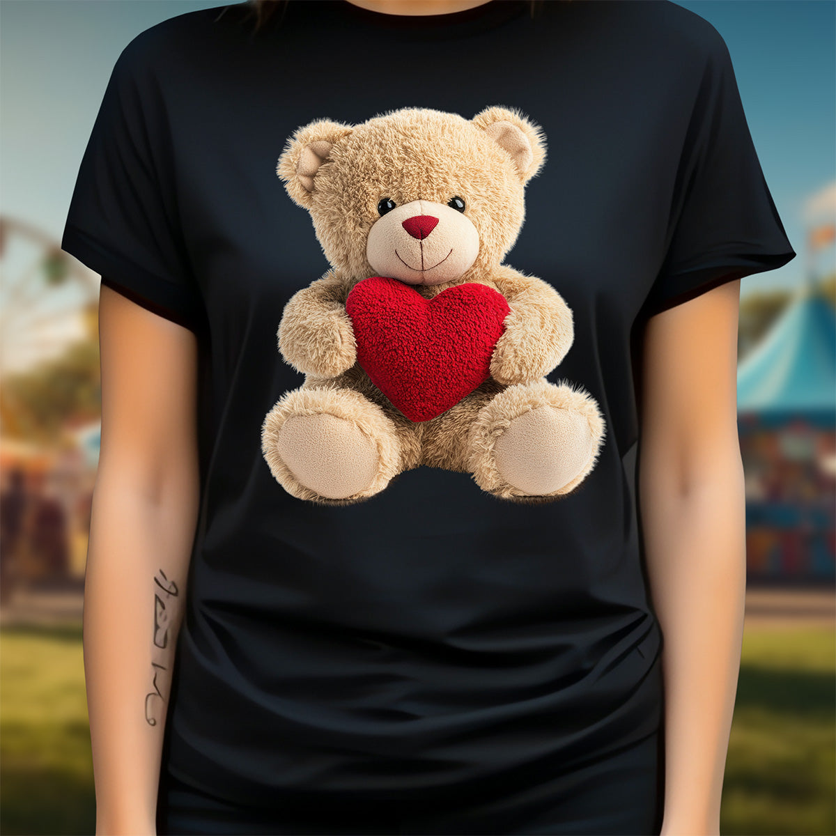 Person wearing a black t-shirt with a teddy bear holding a red heart design.