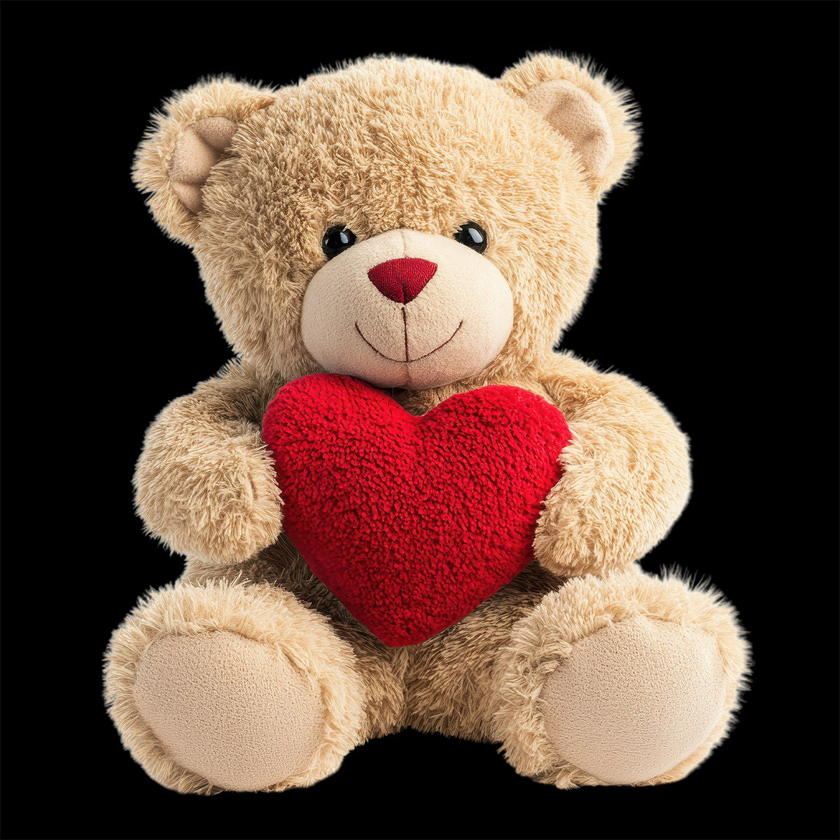 Teddy bear holding a red heart on a black background