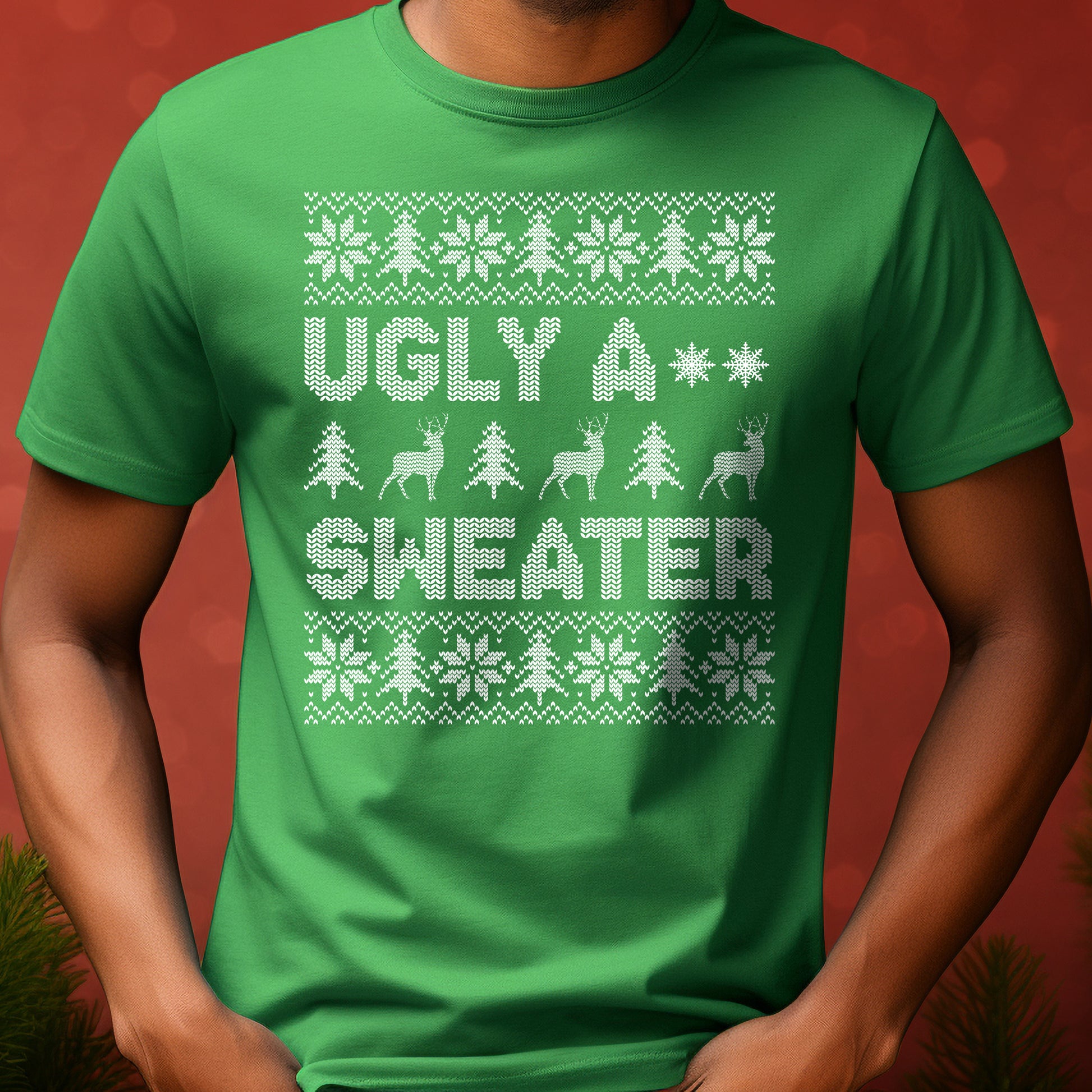 Green t-shirt with white festive pattern and text on a red background
