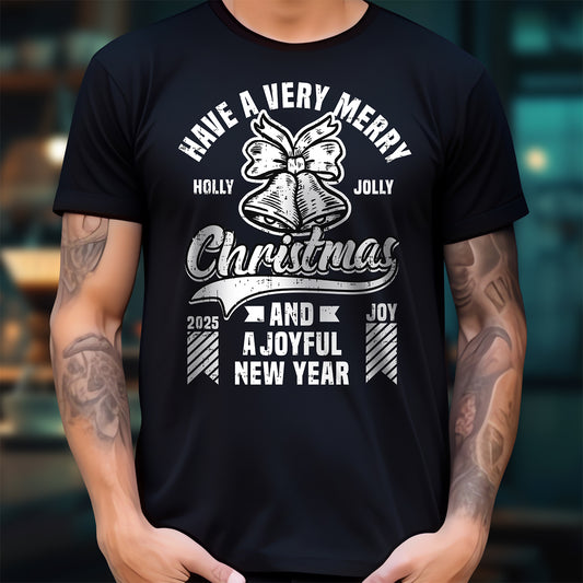 Black t-shirt with Christmas-themed design featuring text and a bell graphic.