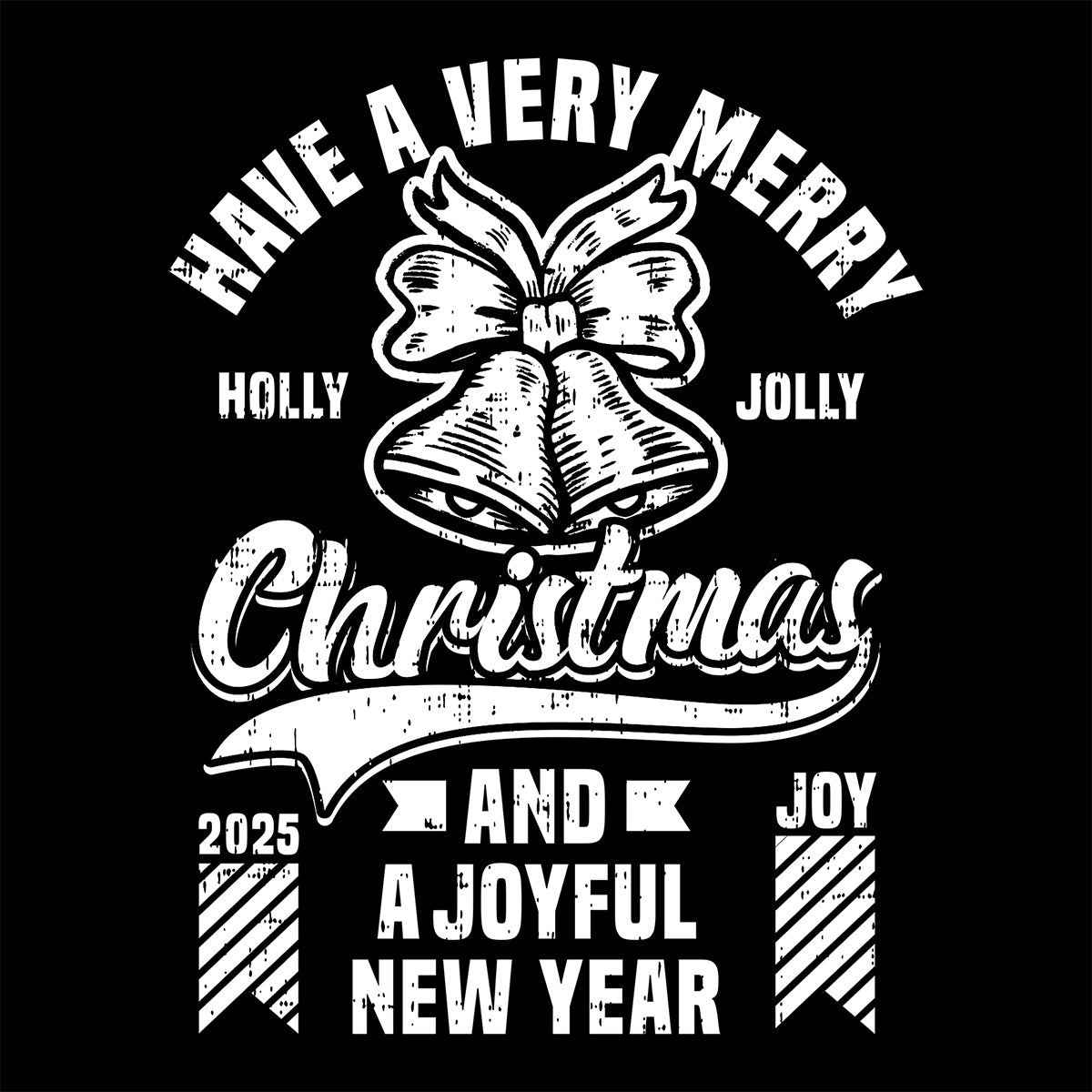 Christmas-themed graphic with text and a bell illustration on a black background
