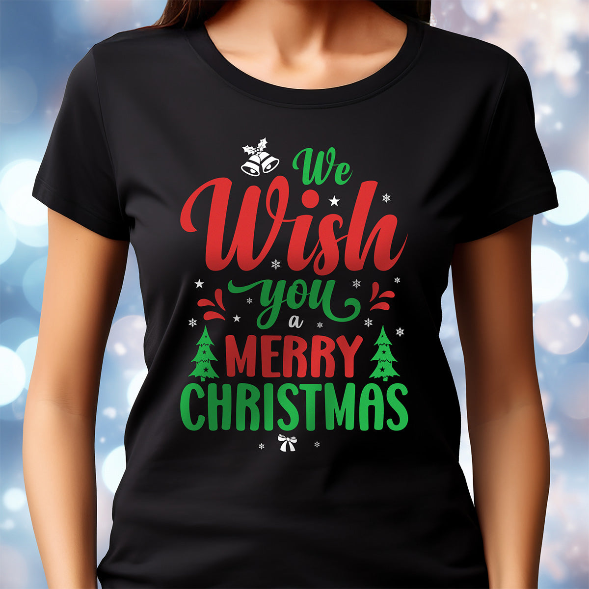 Black t-shirt with festive text design on a blurred background