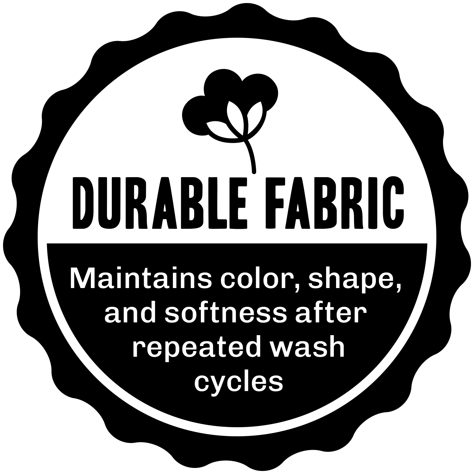 Label indicating durable fabric with text about color, shape, and softness maintenance after repeated washes.