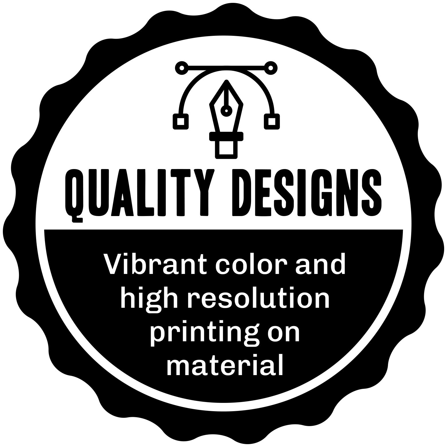 Quality designs logo with text about vibrant color and high resolution printing on material