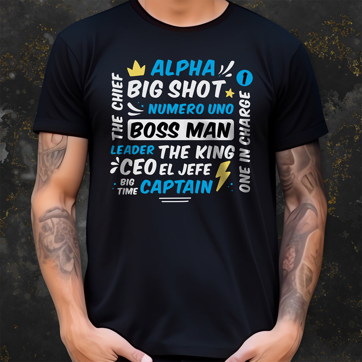Black t-shirt with colorful text design on a dark background