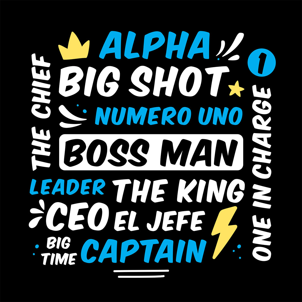 Motivational text graphic with various titles and descriptors on a black background