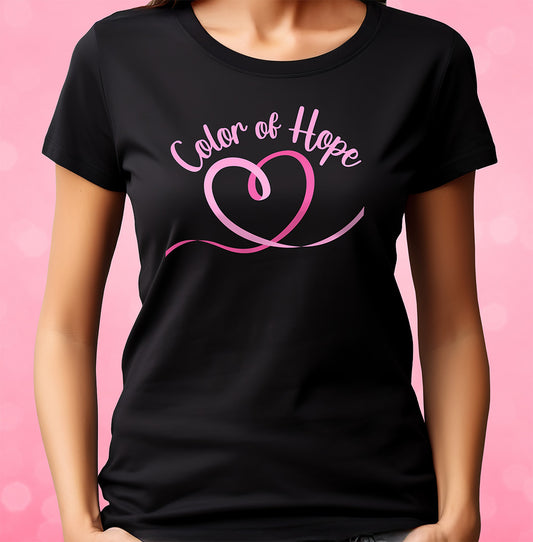 Black t-shirt with 'Color of Hope' design on a pink background for Breast Cancer Awareness