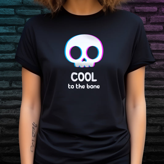 Illustrated cartoon skull design and 'Cool to the bone' text on black t-shirt