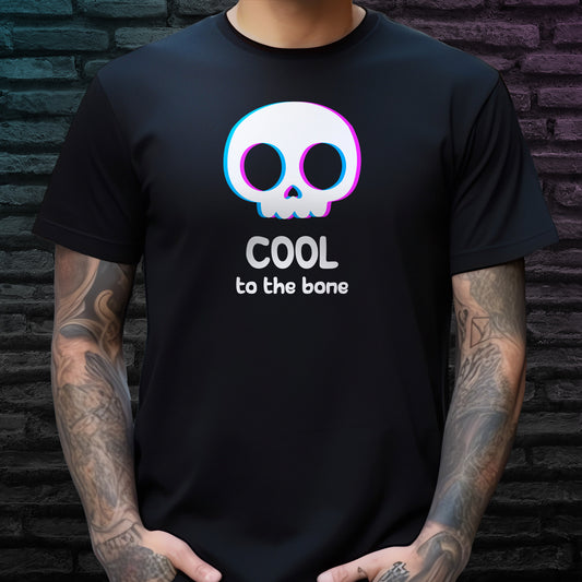 Illustrated cartoon skull design and 'Cool to the bone' text on black t-shirt