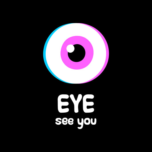 Close-up of illustrated cartoon eyeball design and 'Eye See You' text on black t-shirt