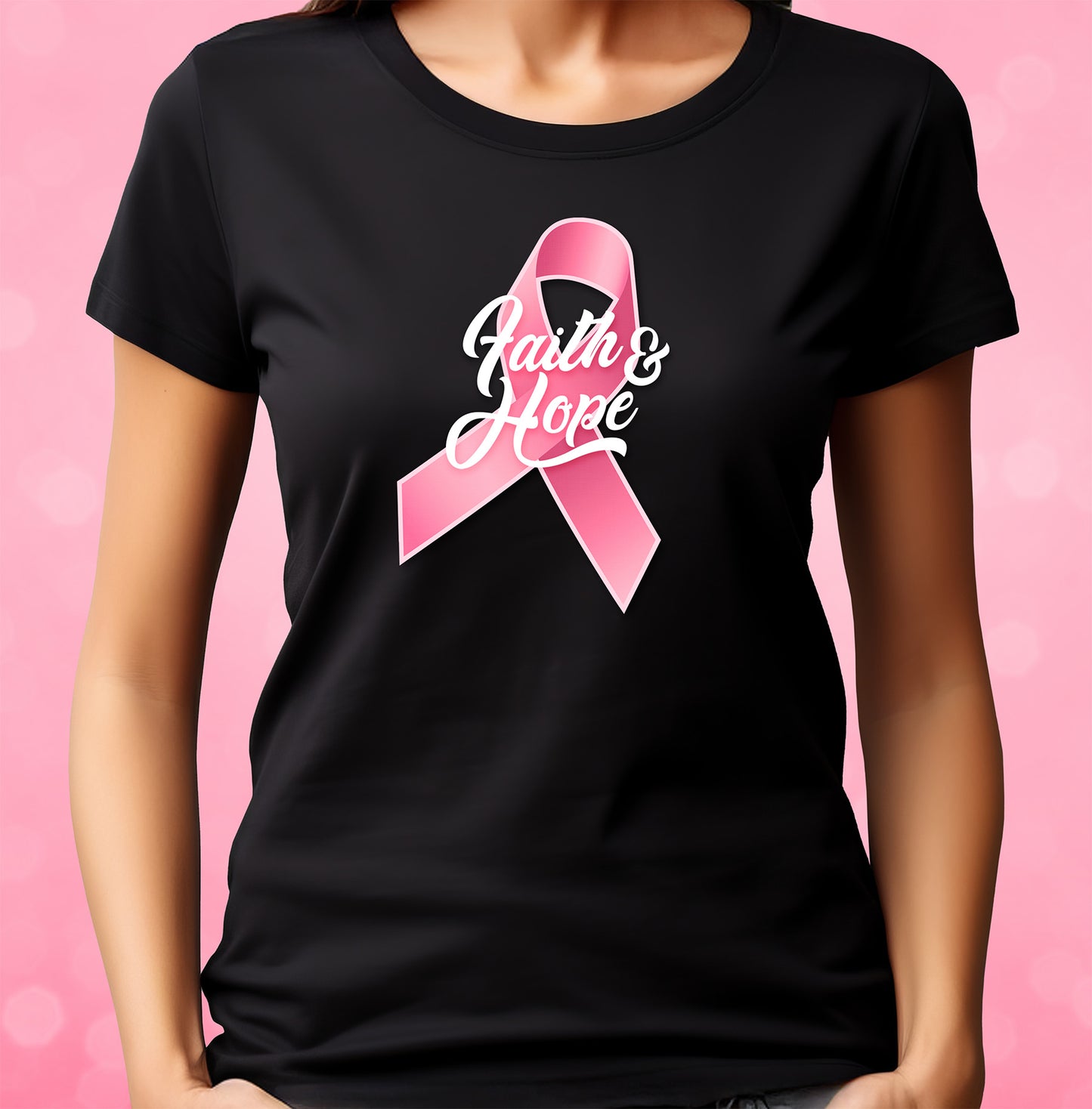 Pink ribbon and 'Faith & Hope' text on black t-shirt for Breast Cancer Awareness