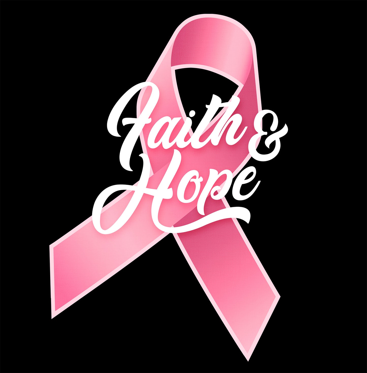 Close-up of pink ribbon and 'Faith & Hope' text on black background for Breast Cancer Awareness