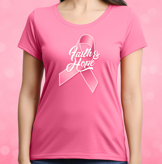 Pink t-shirt with 'Faith & Hope' ribbon design for Breast Cancer Awareness