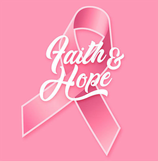 Close-up of 'Faith & Hope' ribbon design on pink background for Breast Cancer Awareness