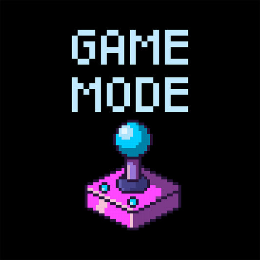 Close-up of Pixel art joystick design with 'GAME MODE' text on a dark background