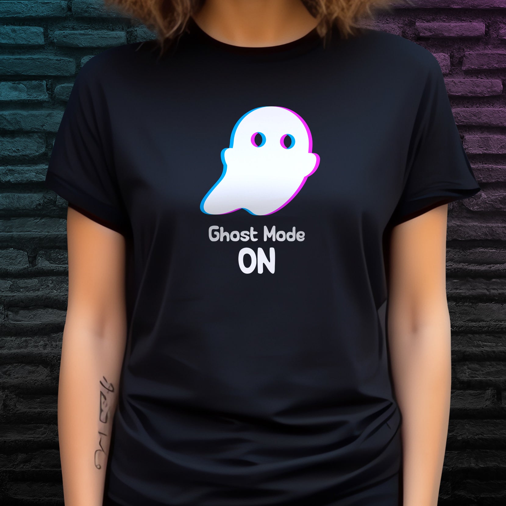 Illustrated cartoon ghost design and 'Ghost Mode On' text on black t-shirt