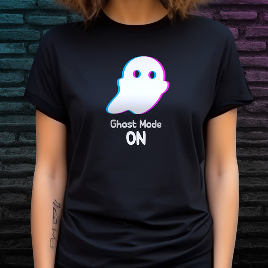 Illustrated cartoon ghost design and 'Ghost Mode On' text on black t-shirt