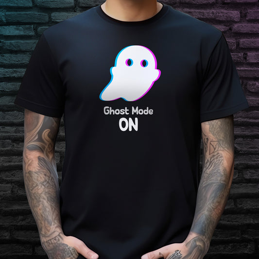 Illustrated cartoon ghost design and 'Ghost Mode On' text on black t-shirt
