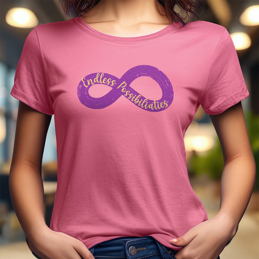 pink t-shirt with a purple infinity illustrated symbol and 'Endless Possibilities' text.