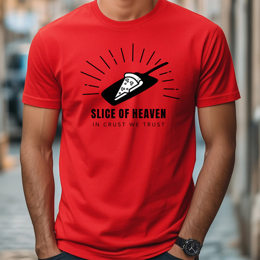 Pizza inspired red t-shirt with black illustrated graphic and text 'Slice of Heaven in Crust We Trust' 