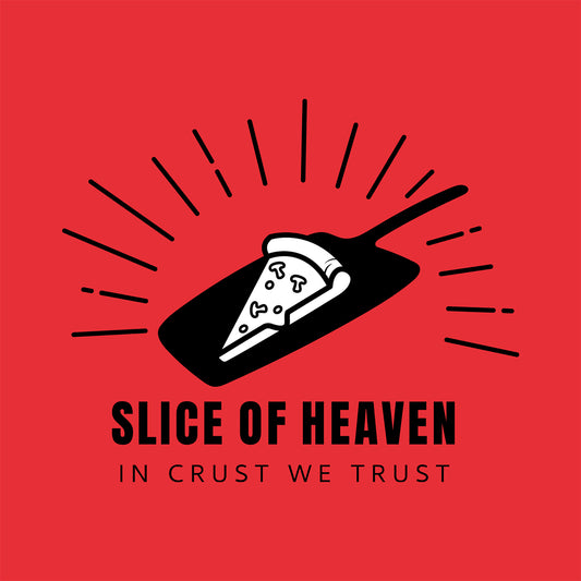 Close-up of pizza inspired red t-shirt with black illustrated graphic and text 'Slice of Heaven in Crust We Trust' 