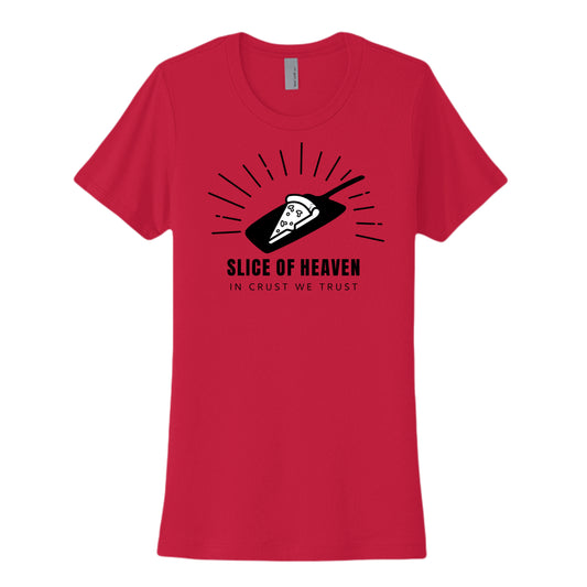 Pizza inspired red t-shirt with black illustrated graphic and text 'Slice of Heaven in Crust We Trust' 