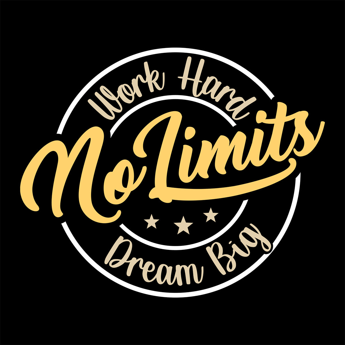 Motivational quote 'Work Hard, No Limits, Dream Big' in gold on a black background