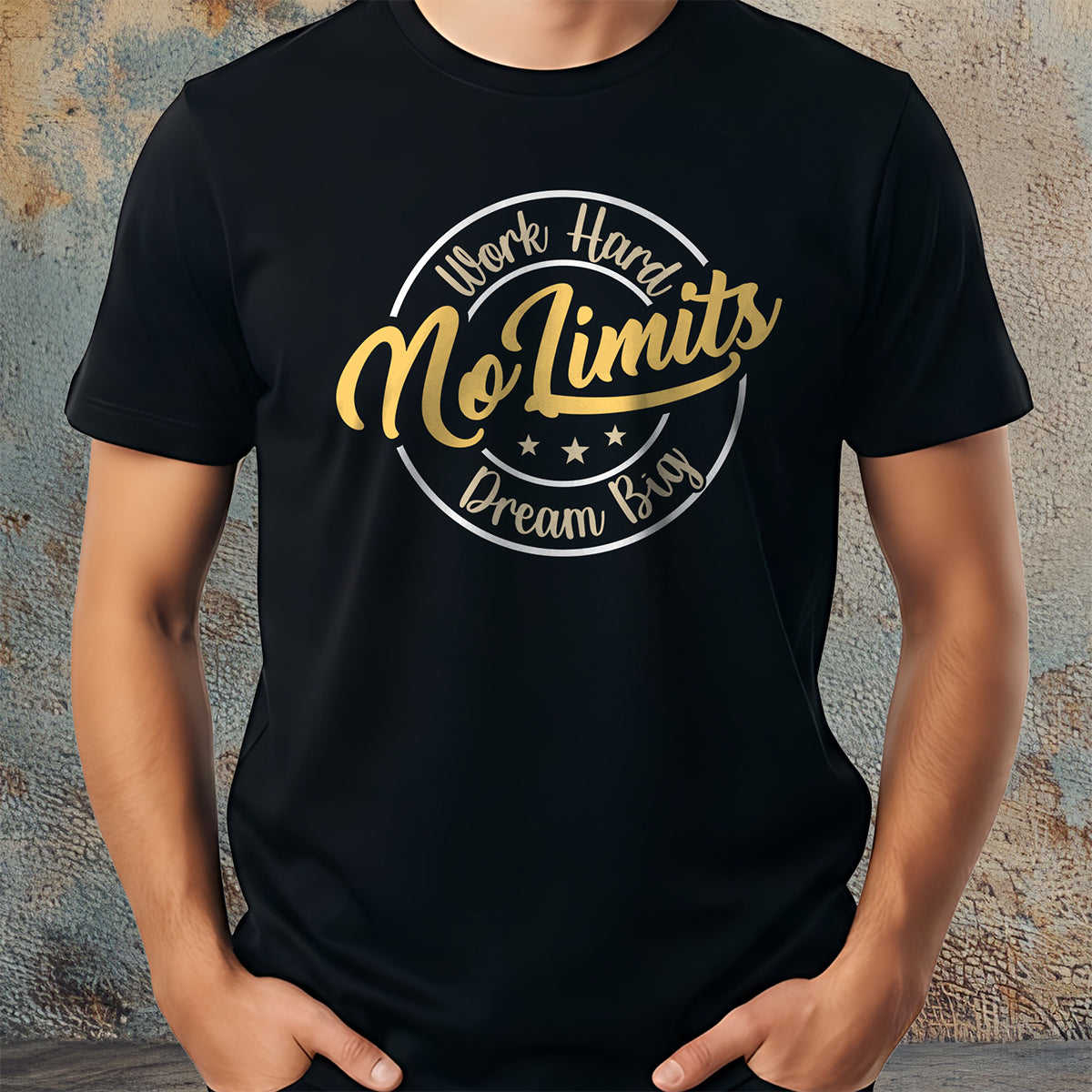 Black t-shirt with gold and white motivational text on a textured wall background
